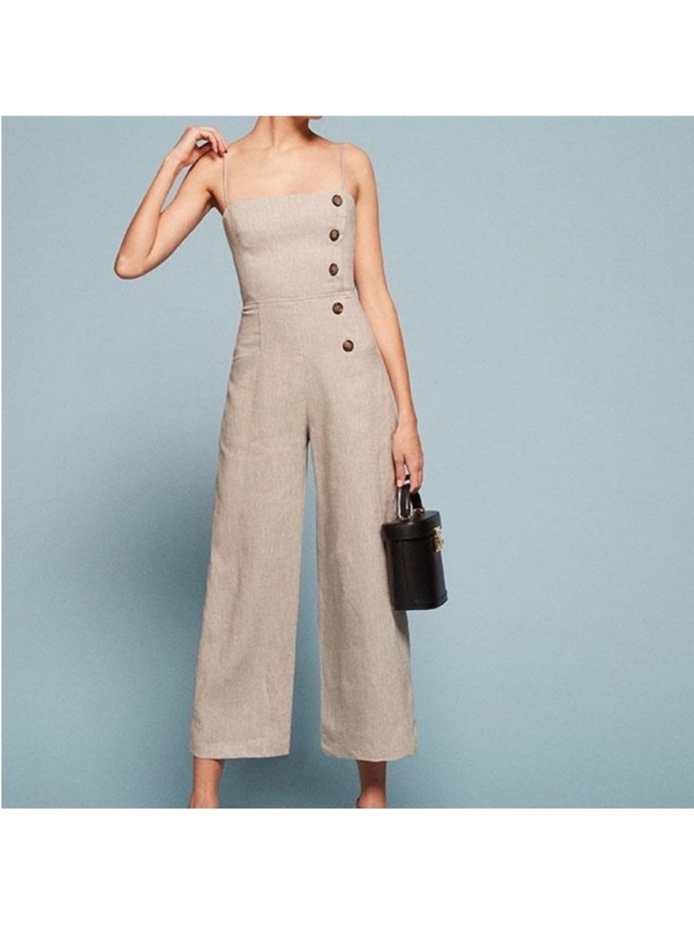 Reformation Neutral Beige Square-Neck Wide-Leg Jumpsuit with Button Detail